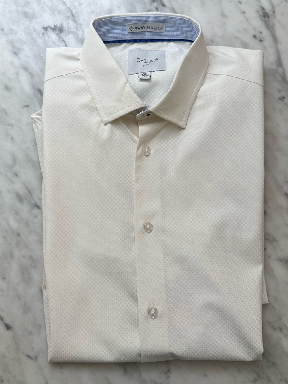 C-Lab Slim Fit Cream Geometric Pattern Stretch Dress Shirt 14.5” 32/33 NWOT